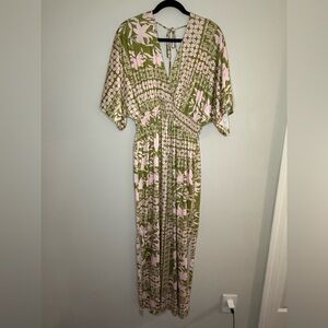 Green Pink Boho Maxi Dress V Neck Kimono Sleeve Smocked Waist Festival Vacation